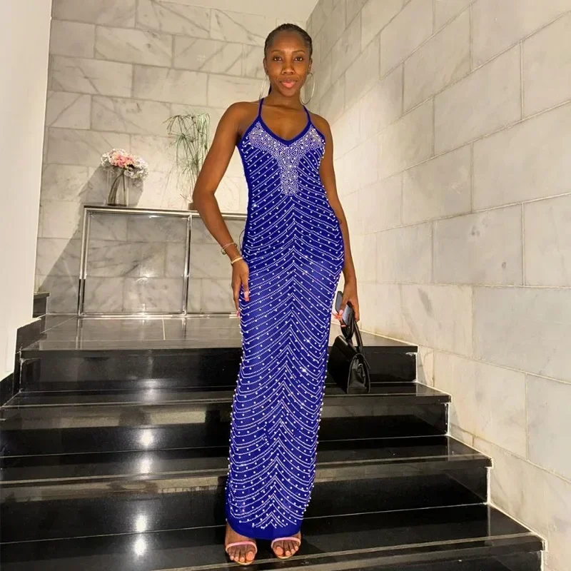 

GUWU Diamond V-neck Strap Sleeveless Bodycon Long Maxi Dress Women Summer Streetwear Sexy Vestidos Party Evening Dresses