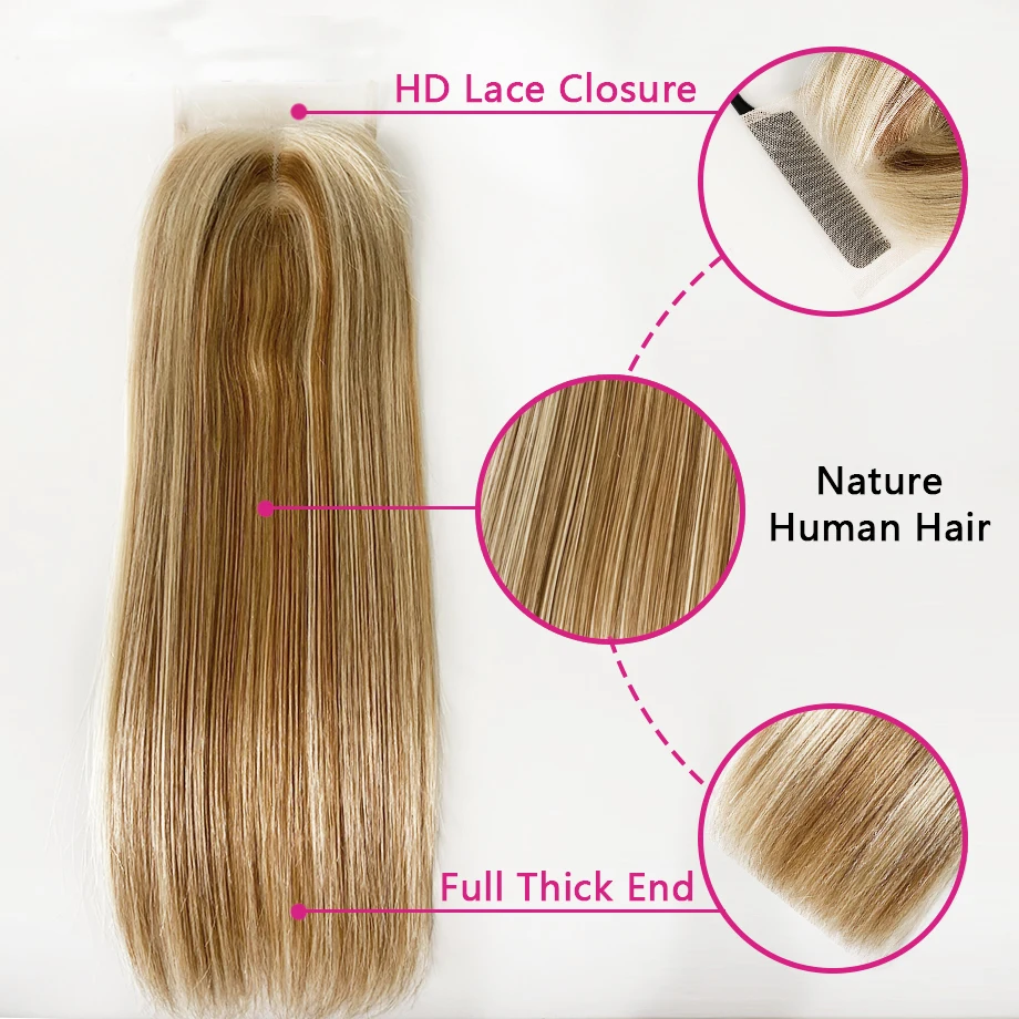 Highlight Closure Human Hair 4x4 HD Lace Closure Only Brazilian Remy Hair 18Inch Ombre Blonde Brown Swiss Lace Closure Yimeishun