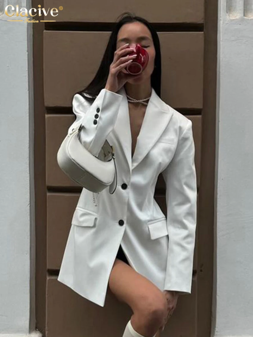 

Clacive Fashion Loose White Women's Blazer 2025 Winter Lapel Long Sleeve Lady Coats Elegant Classic Solid Top Female Clothing