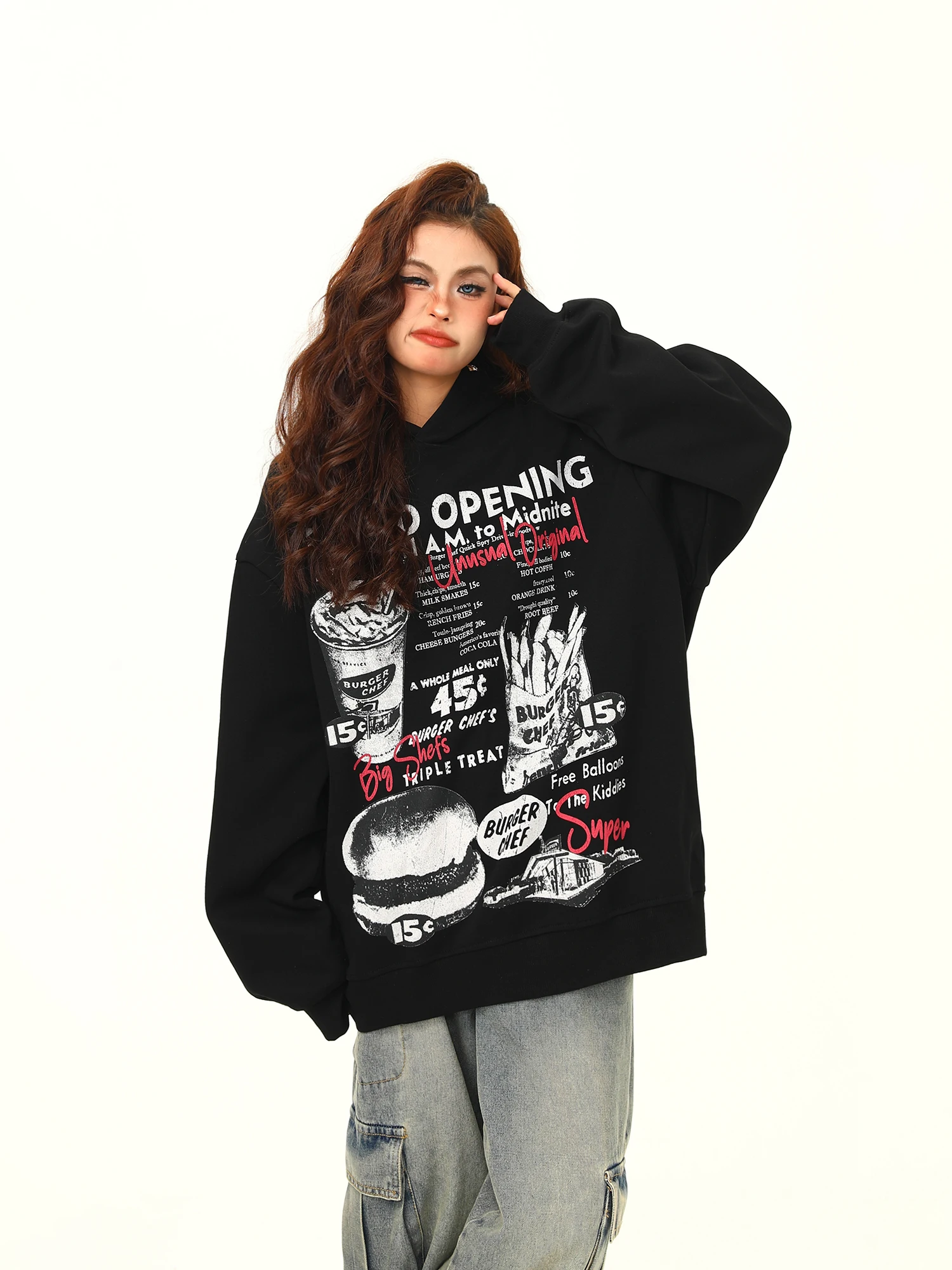 

Wild Original Hand-Dn Print American Retro Hoodie Women's New Loose Trendy Outerwear Street Sle Long Sve Autumn Jaet