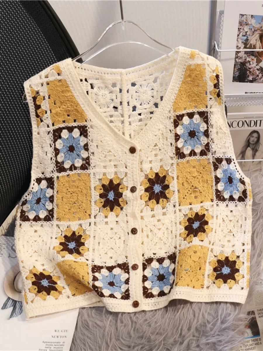 

Flower Colored Hollowed Out Knitted Vest Women's Summer V-neck Geometric Floral Cardigan Vintage Loose Crop Top Waistcoat E461