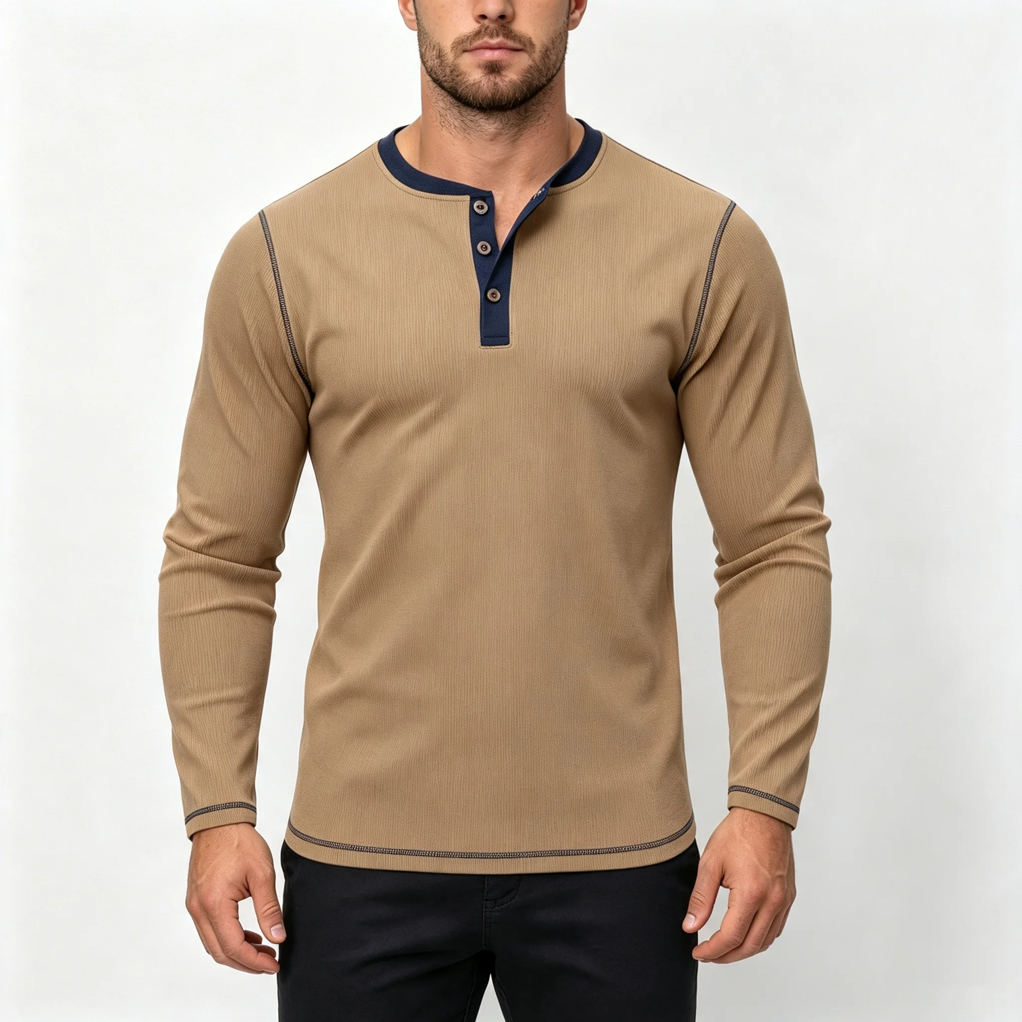 Autumn New Men's Buttoned Henley Long Sleeve Casual Solid Color Fashion T-Shirt with Color Block Stitching and Brushed Fabric
