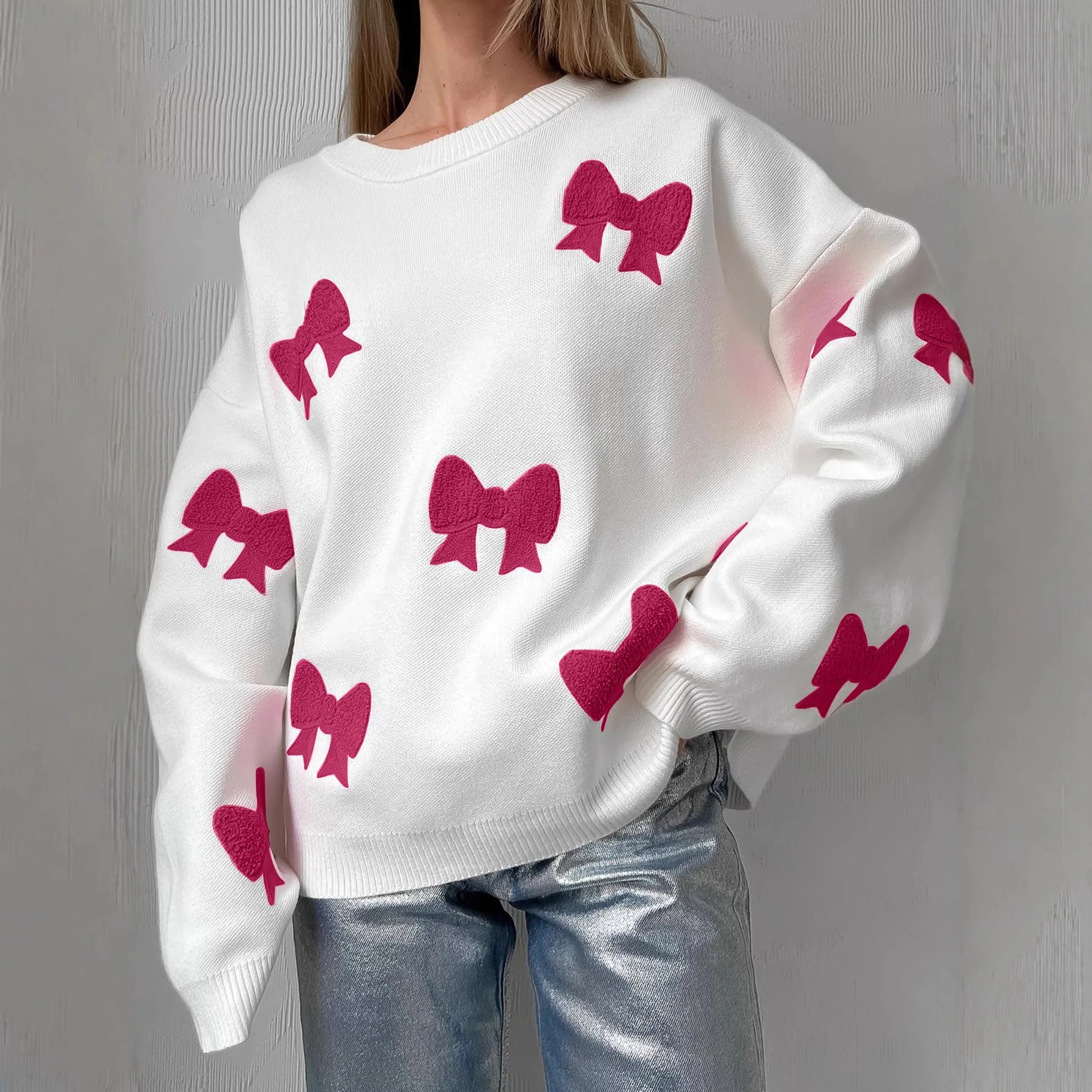 

Свободный свитер большого размера с белым бантом, женская одежда, осень-зима 2025 года, пуловер с круглым вырезом и длинными рукавами, топы, женский повседневный трикотаж