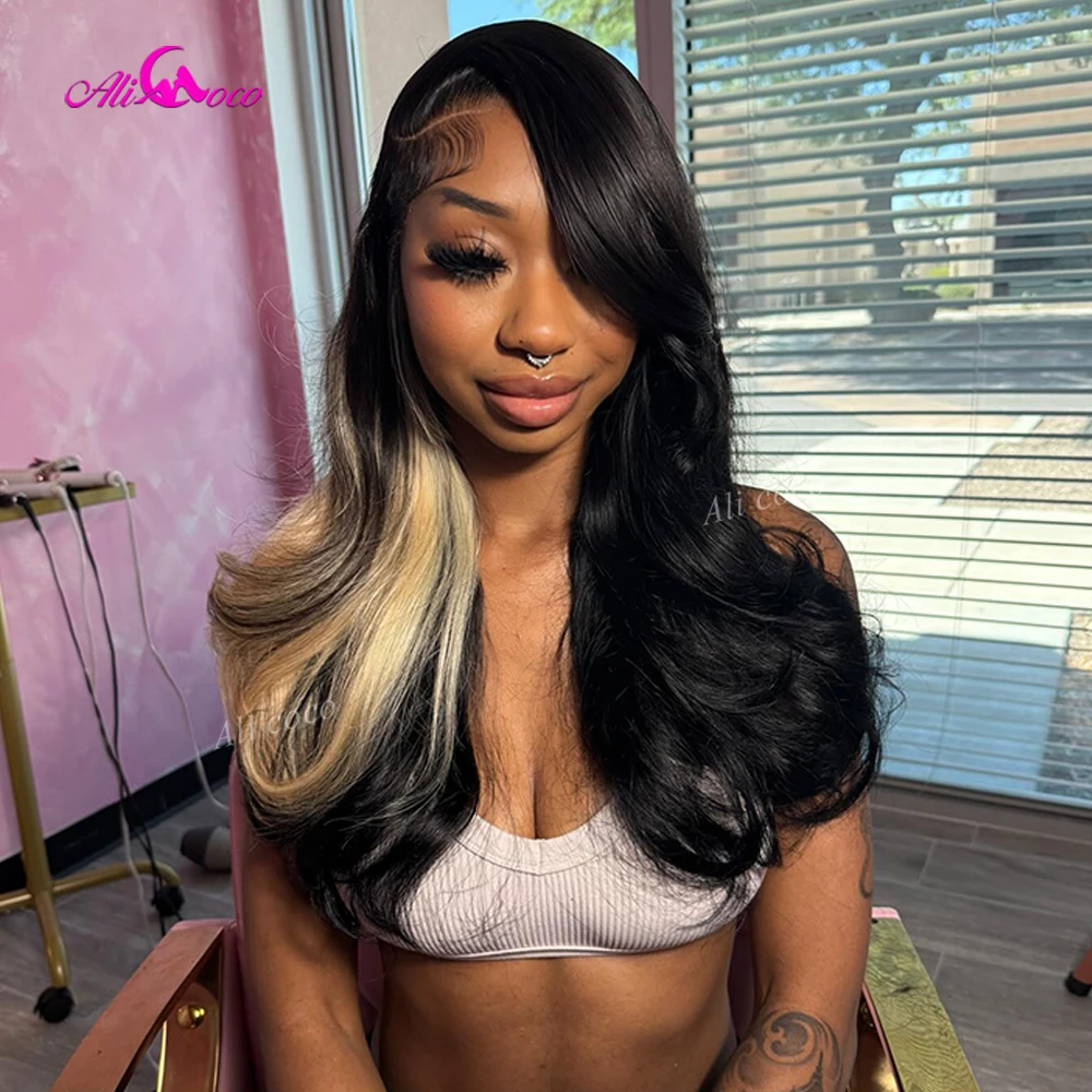 613 Blonde with Black 200 Density HL Invisible HD Pre-cut Lace Front Human Hair Body Wave Drawstring with Tape Wig Remy Glueless - view 3