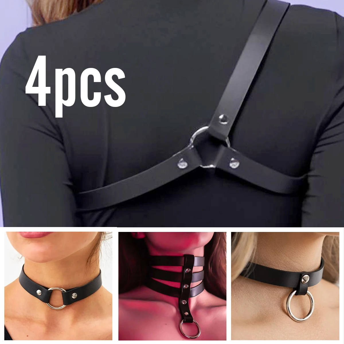 A set of stylish minimalist leather shoulder straps with three matching collars. Adjustable design with studded accents. Perfect