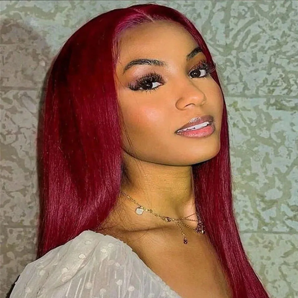 34 بوصة 99j بورجوندي أحمر 13X4 مستقيم الدانتيل الجبهة الباروكات شعر الإنسان الدانتيل الشفاف الباروكات الأمامية للنساء 250% الكثافة