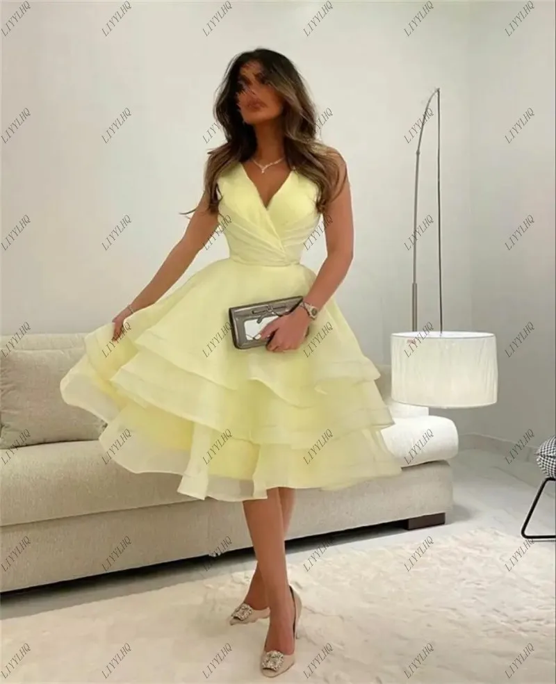 LIYYLHQ Light Yellow Tea Length Prom Dresses Knee Length Puffy Ruffle Tiered Pleated Backless Simple Cocktail Party Dresses