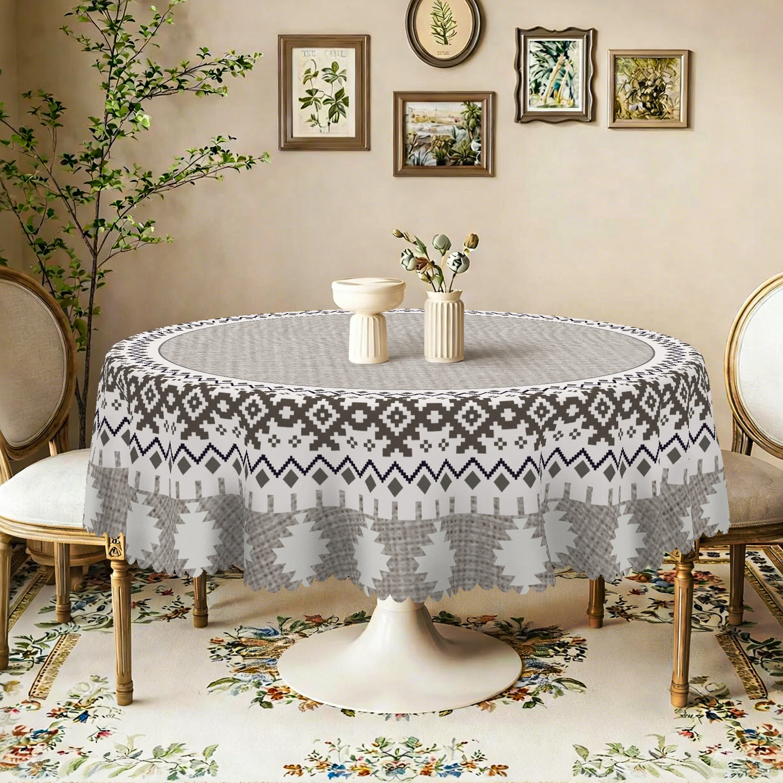 Bohemian Vintage Tablecloth, Classic Geometric Plaid Pattern Print, Multiple Size Options, Embossed Edges, Waterproof, Wrinkle-Resistant, Fade-Resistant, Perfect Gift for Family and Friends, Rectangular and Round Table Covers, Suitable for Spring, Summer, Autumn, and Winter, for Home Kitchens, Rooms, Courtyards, Balconies, Picnics, Cafes, Restaurant Tables Jh001