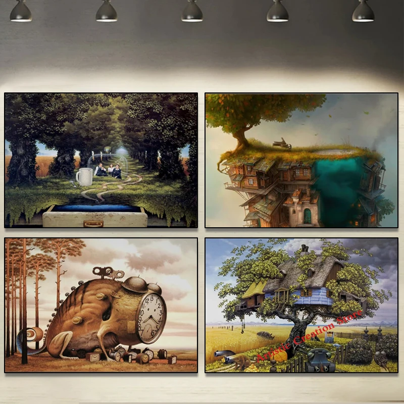 Surrealism Jacek Yerka Style Posters Library Fantasy Tree Colorful Abstract Art Canvas Painting Print Pictures Wall Home Decor