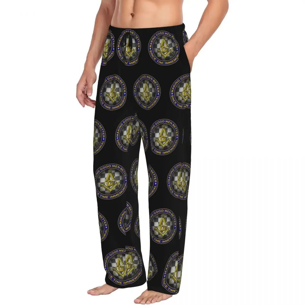 Custom Printed Freemasonry Pajama Pants for Men Masonic Mason Sleep Sleepwear Bottoms with Pockets
