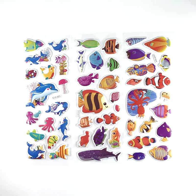 12 Sheets/Set Sea Fish Shark Dolphin Bubble Sticker for Kids Cartoon DIY Scrapbook Stickers Bedroom Decoration Boy Girl Gift