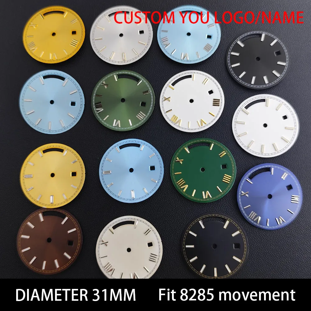 Quadrante da 31 mm di alta qualità adatto per Miyota 8285 Orologio con data e giorno, calendario modificato, display settimanale, numeri romani luminosi blu