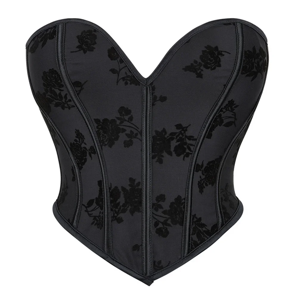 

Women Black Floral Print Corsets Crop Tops Sexy Lingerie Overbust Vintage Gothic Body Shaper Strapless Bustier