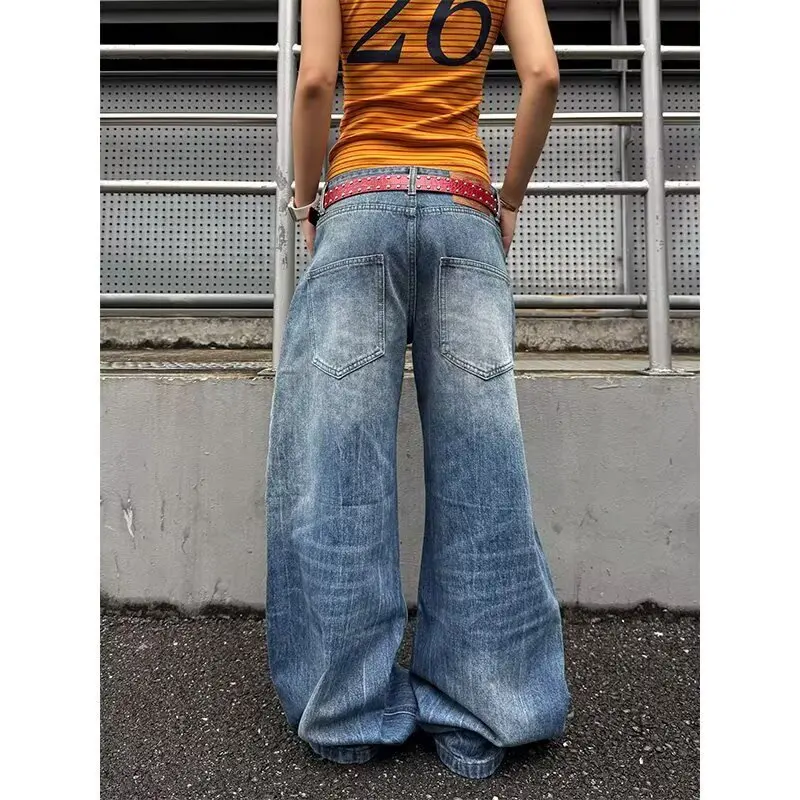  Retro American Design Flag Print Jeans Washed Knife Wide Leg Low Waist Denim Jeans Women Summer Long Trousers Casual Trousers