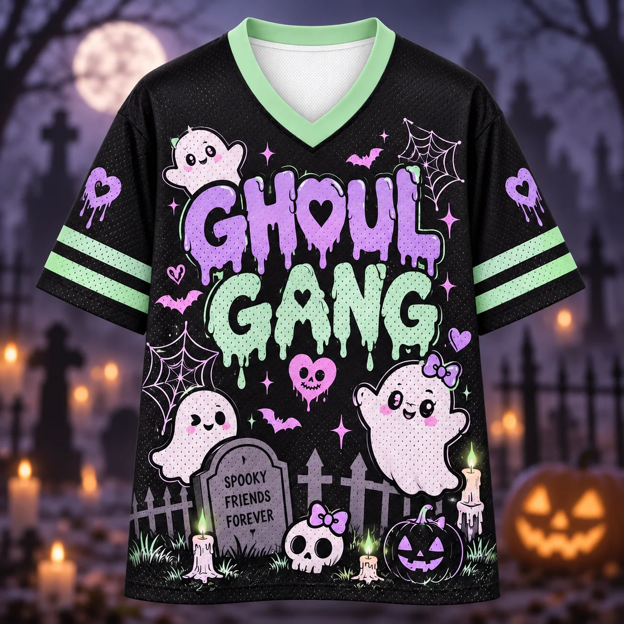 Here For The Boos 31 Halloween Oversized Mesh Jersey, Cute Ghost Spider Web Bat Print V‑Neck Short Sleeve Streetwear Top