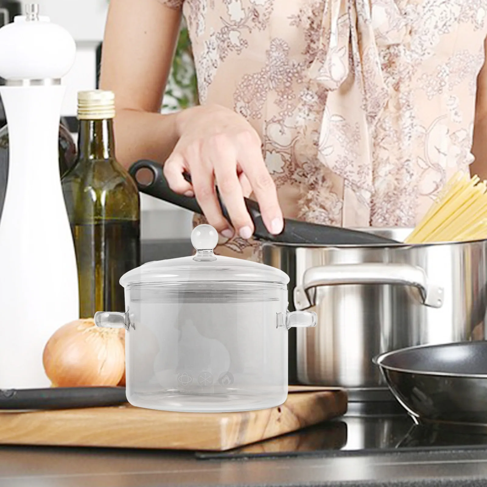 

Жаропрочная стеклянная кастрюля для тушения с крышкой, эргономичной ручкой и двойными ручками-ушками, для приготовления супов, кухонная посуда