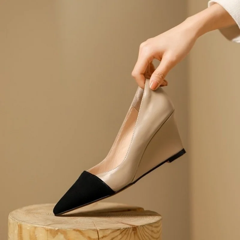 FHANCHU Europea 2023 zeppe in pelle di montone scarpe da lavoro per ufficio, décolleté da donna, tacchi alti, Slip On, punta a punta, oro,