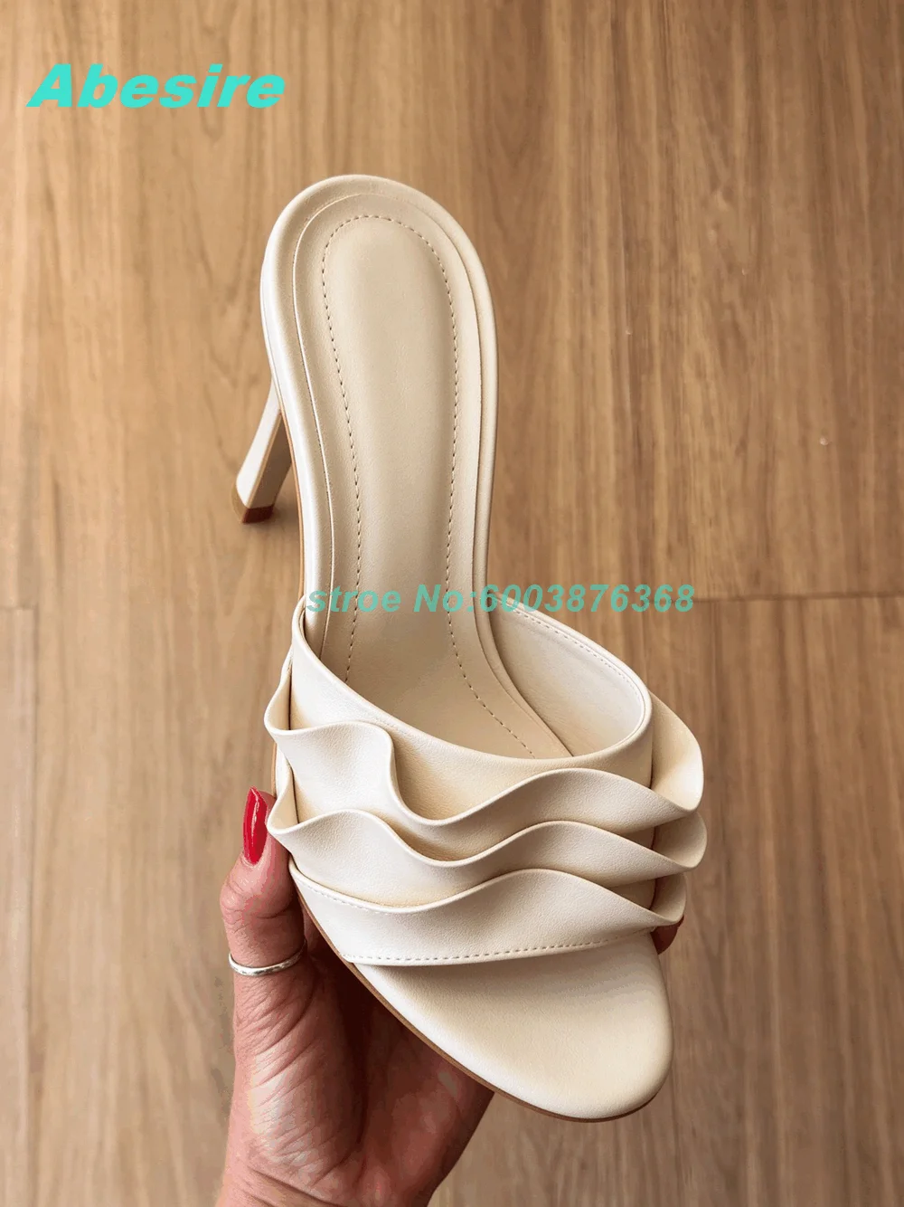 Romantic Red Ruffle Stiletto Heels Mules Women Wavy Edge Peep Toe Slip On Slippers Summer Elegant Party Fashion Show Shoes