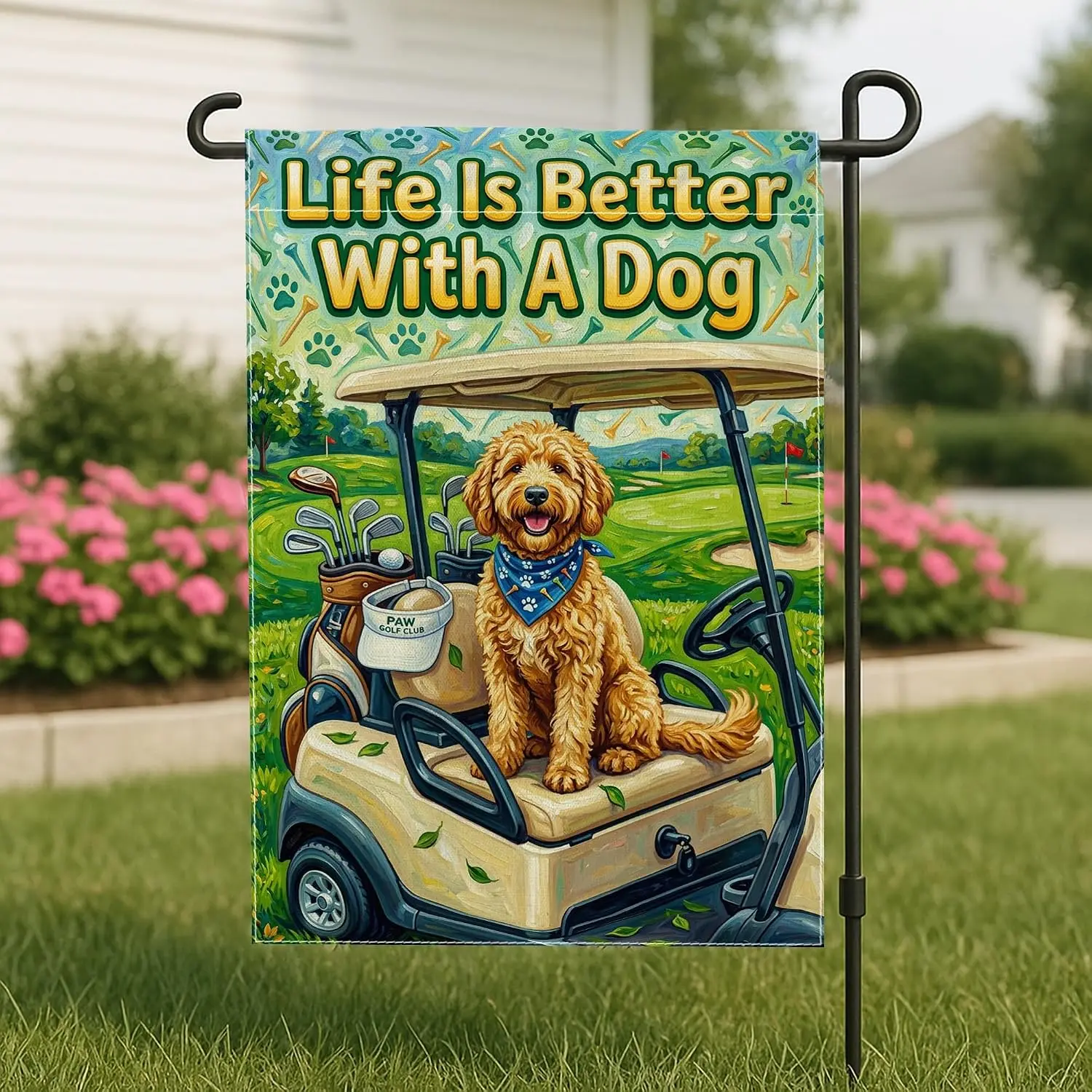 Dog Garden Flag, Playful Outdoor Golf Cart Golf Clubs Summer Green Burlap Double Sided Decorative Outside Flags for Outdoor  yyi