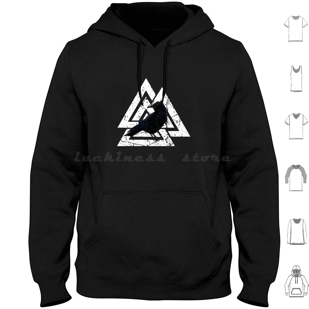 Retro Valknut-Odin's Raven-Viking Symbol Valknut Hoodies Long Sleeve Odin Vaknut Symbol Valknut Valhalla Viking Vikings