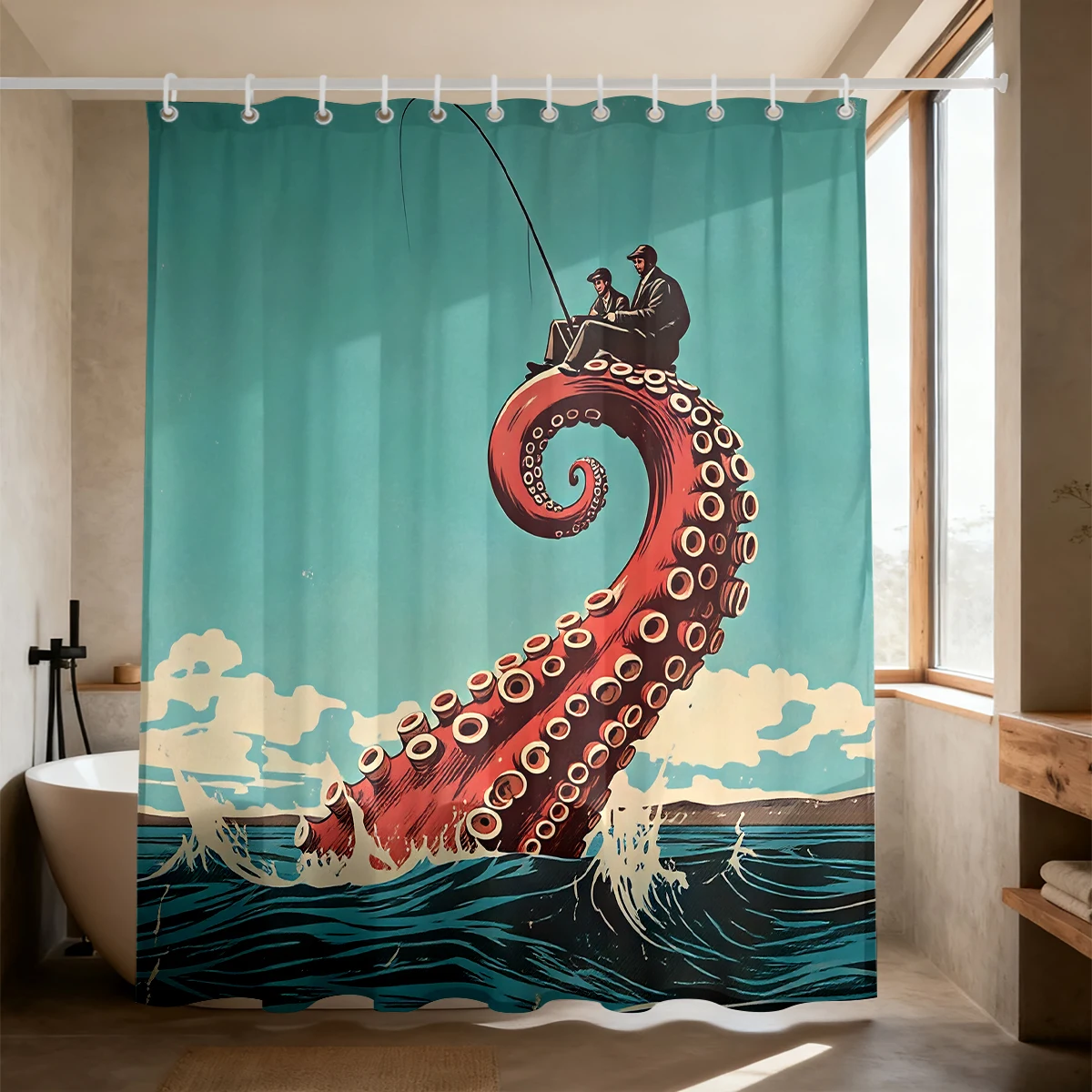 1PC Retro Octopus Tentacle Fishing Men's Shower Curtain Waterproof Shower Curtain Partition Privacy Hanging Curtain