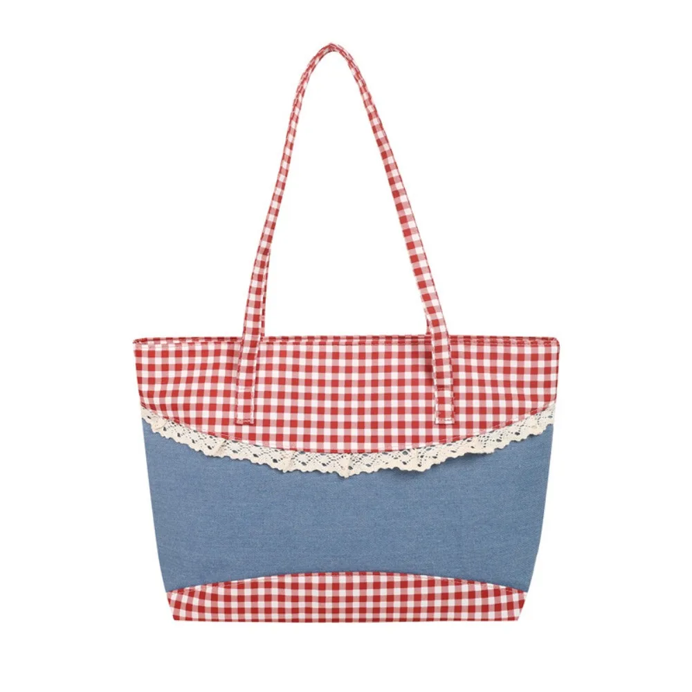 

Portable Lattice Lace Bow Shoulder Bag Lovely Leisure Denim Plaid Handbag Rural Style Vintage Commuting Tote Bag Travel