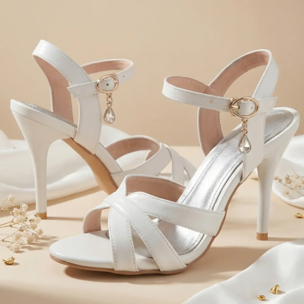 2026 Summer New Women's Metallic High Heel Sandals Ankle Strap Crystal Buckle Stiletto Heels Sexy Party Wedding Prom Dress Shoes