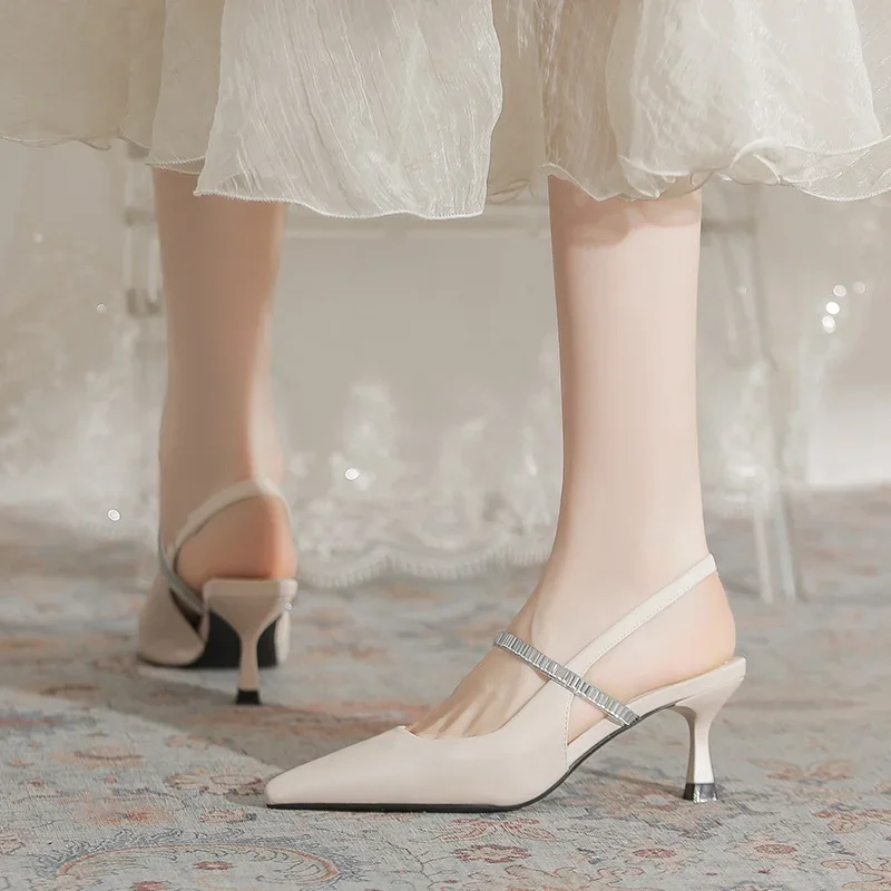 

2025 Summer New French Pointy Stiletto Heels Female Rhinestones After All Empty Sandals Comfortable Thin Fashion Single Shoes