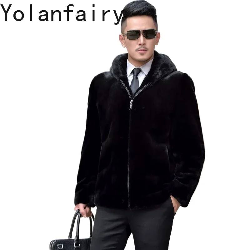 YOLANFAIRY Full Pelt Mink Fur Coat Men Real Luxury Velvet Whole Mink Natural Fur Jacket Winter High Quality Hooded Men's Clothes