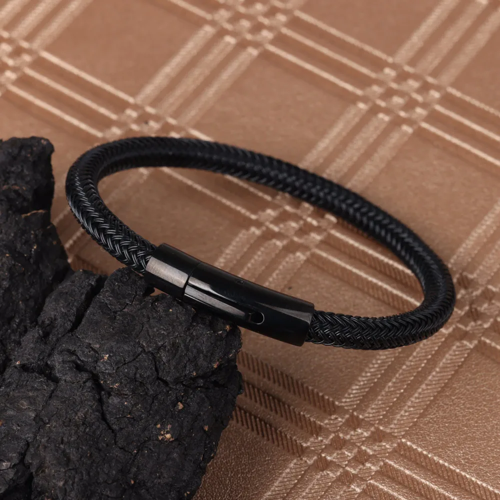 Simple Style Punk Black Metal Wire Rope Men Bracelet Stainless Steel Clasp Fashion Bracelet For Men Jewelry