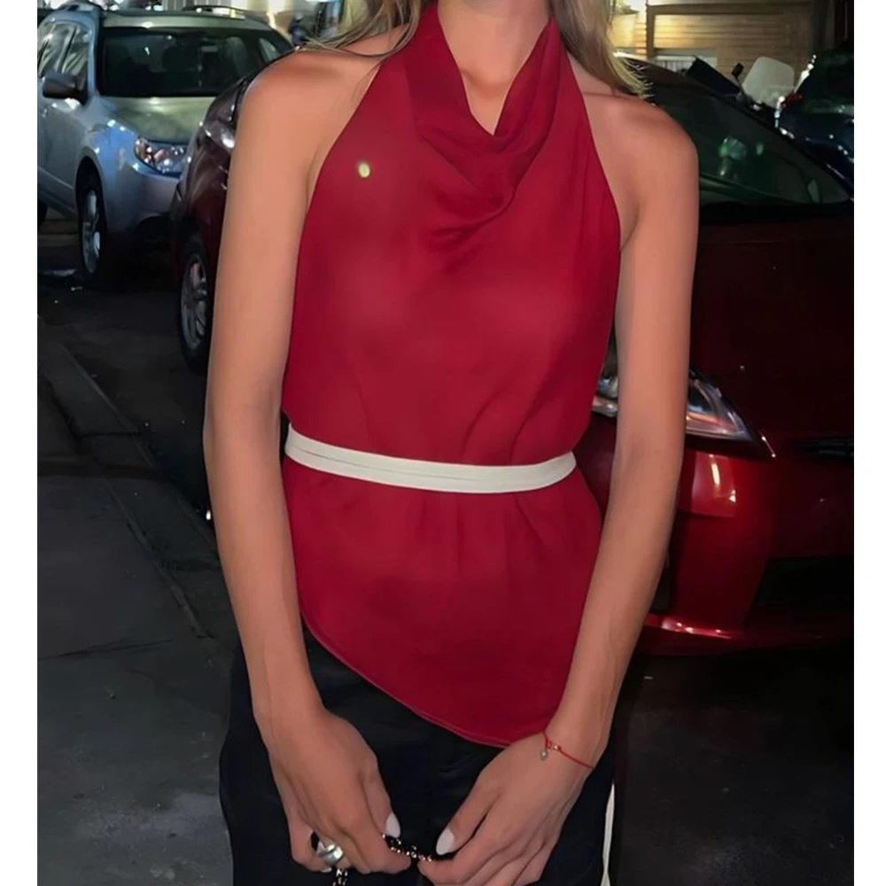 

Women Summer Vintage Sexy Babydoll Halter Tanks Tops Coquette Sleeveless Backless Tie-up Sheer Slim Party Camisole Vests