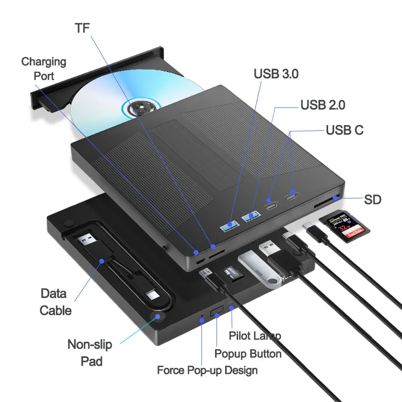 Imagem -03 - Óptica Blu-ray Externa com Estojo de Transporte Usb 3.0 bd cd Dvd +rw Leitor de Gravador para Windows 11 10 Mac pc Laptop Unidade