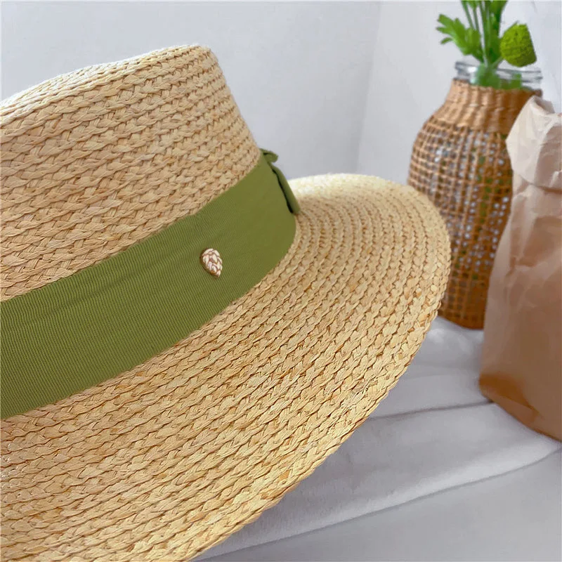 Natural Straw Boater Top Flat Hat for Women Summer Beach Flat Brim Cap With Ribbon For Holiday Party chapeau femme