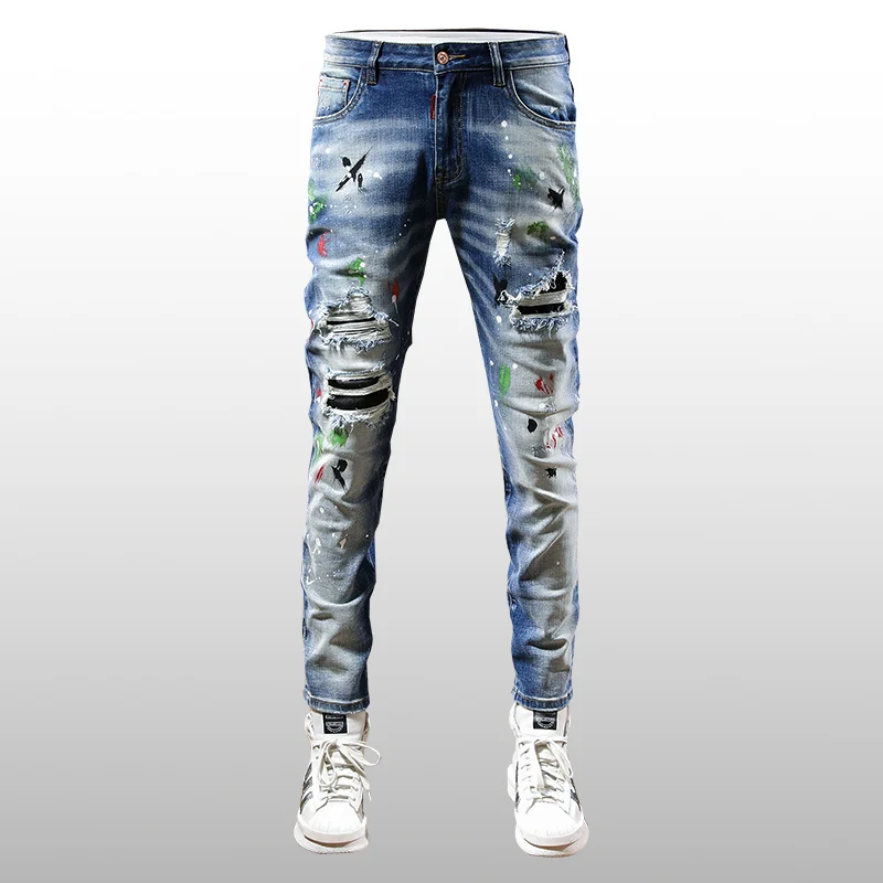 

High Street Fashion Men Jeans Stretch Trousers Retro Blue Elastic Skinny Ripped Jeans Men Painted Designer Hip Hop Pants Hombre