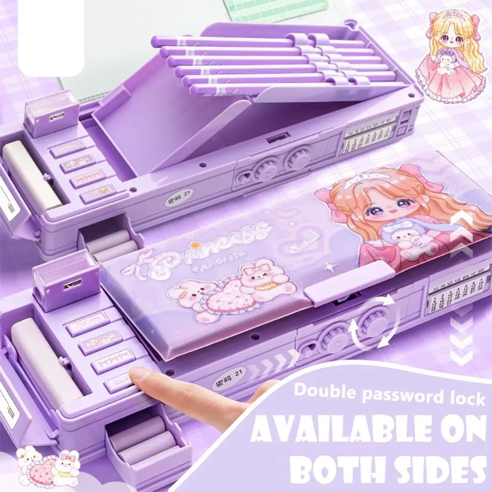 Cartoon Double Layer Pencil Case Large Capacity with Combination Lock Stationery Box Mechanical Pen Box Back To School Gift