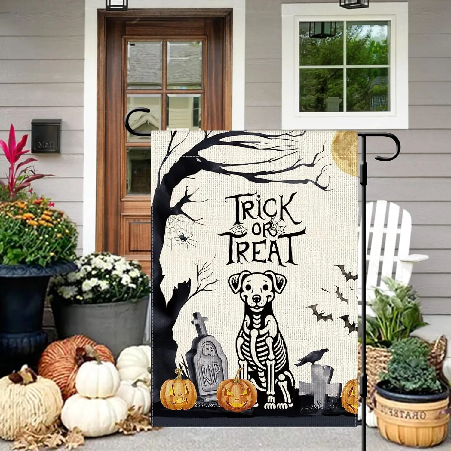 DLZDN Halloween Skeleton Dog Garden Flag Trick or Treat Skull Pumpkin Flag 12×18 Inch Double Sided Vertical Burlap Farmhouse Yar