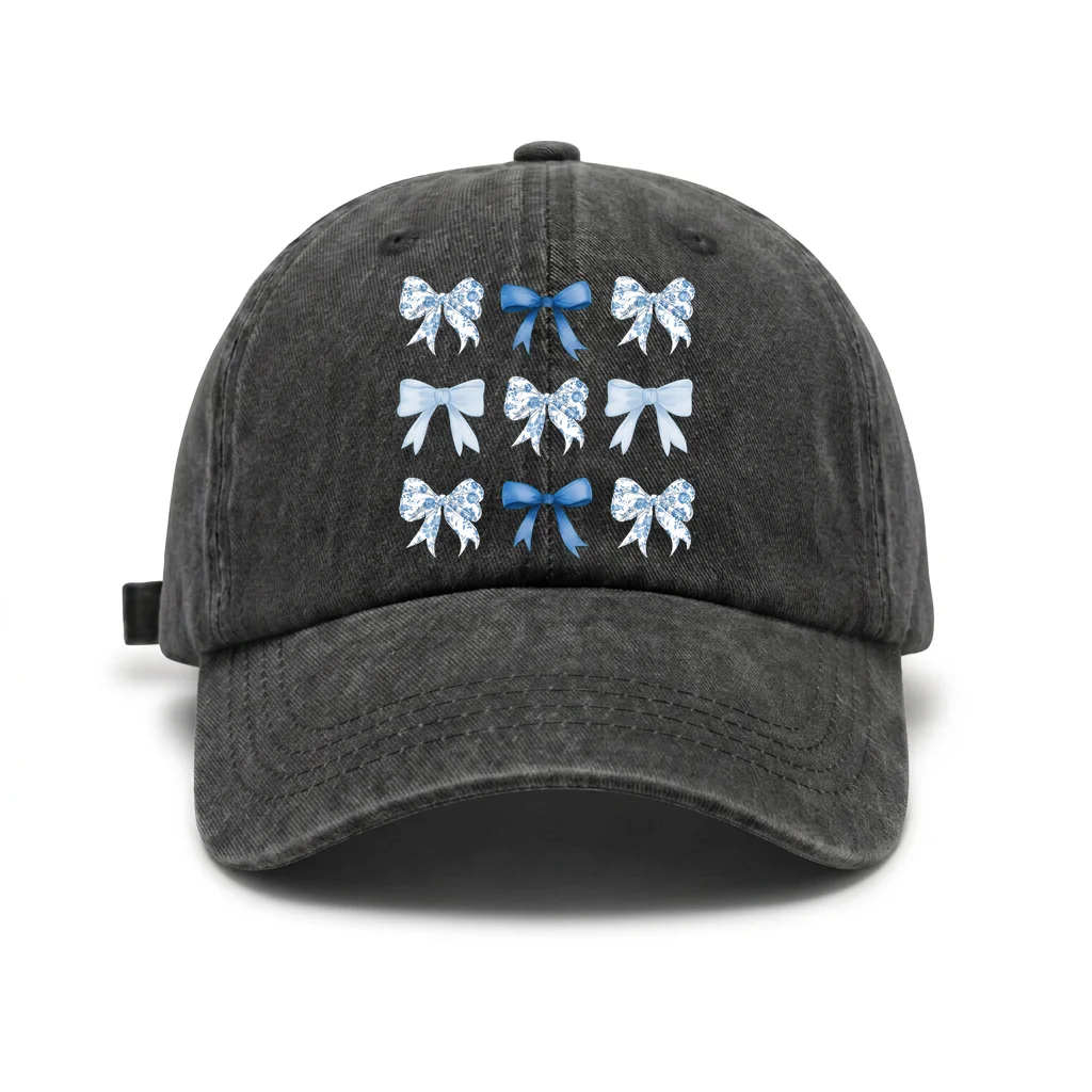 Adjustable Unisex Blue Bow Pattern Graphic Baseball Cap, Vintage Washed Dad Hat, Cute Aesthetic Gift for Women