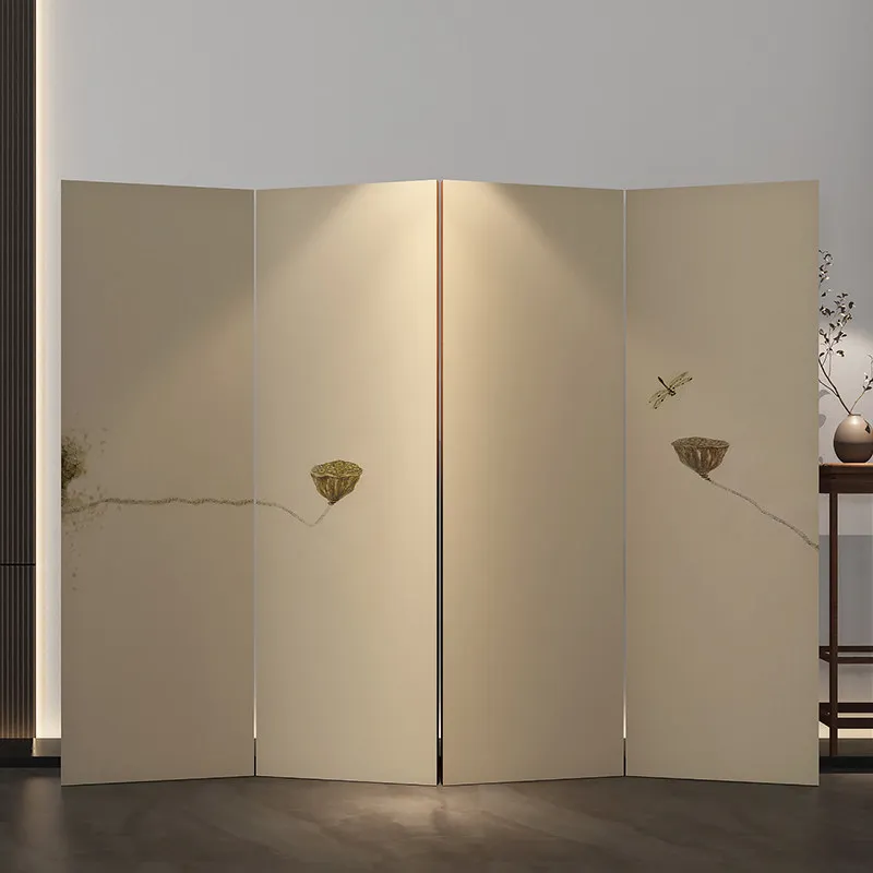 New Chinese screen partition living room club tea room background office movable simple zen lotus foldable