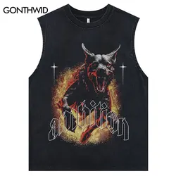 Vintage Black Oversized Tank Top Rottweiler Dog Flame Graphic Print Sleeveless T-Shirt Vest 2024 Hip Hop Punk Loose Cotton Tops