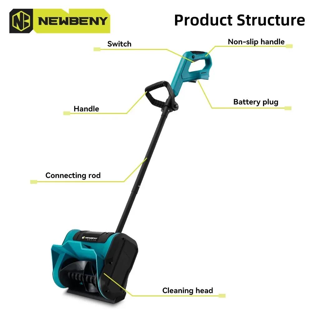 NEWBENY Elektrischer faltbarer Schneepflug, kabelloser Schneerentferner, Schaufel, sauberer Hof, Straßen-Elektrowerkzeuge für Makita 18 V-21 V Akku