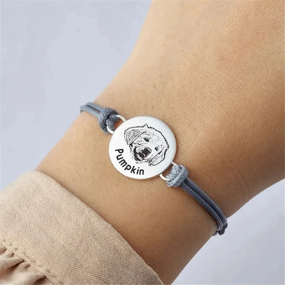 Braccialetti con ritratto di animali domestici personalizzati in acciaio inossidabile di vendita calda, regalo per donne, famiglia, cani, gatti, foto, braccialetto con corda regolabile personalizzato