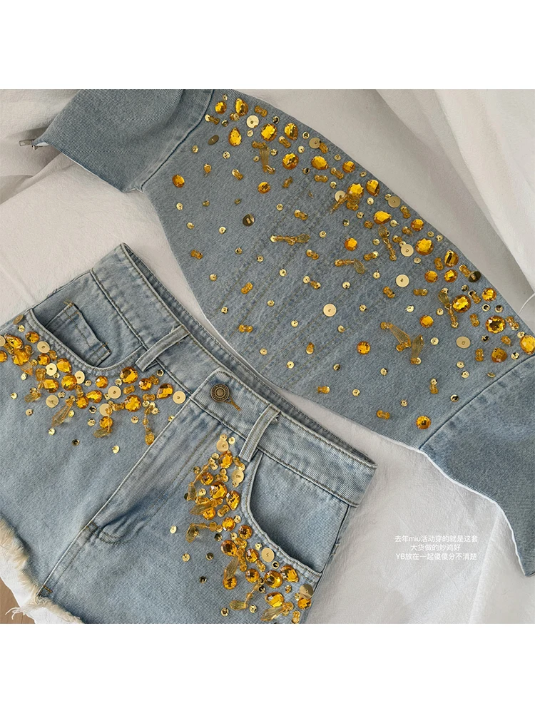 Summer Women Birthday Rave Idols Korean Fashion Gyaru Y2k Coquette Denim Outfits 2-częściowy zestaw Cekinowy top + Damage Mini spódniczka