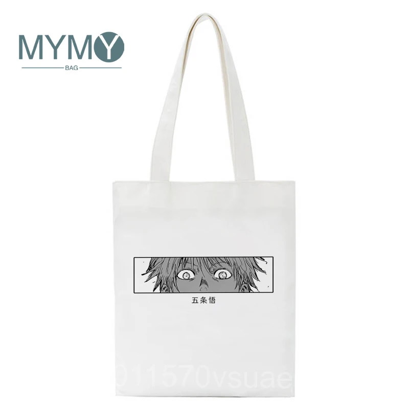 Japanese Anime Shoulder Bags for Women Jujutsu Kaisen Printed Casual Tote Bag Large Reusable Shopping Bags White Canvas Handbags