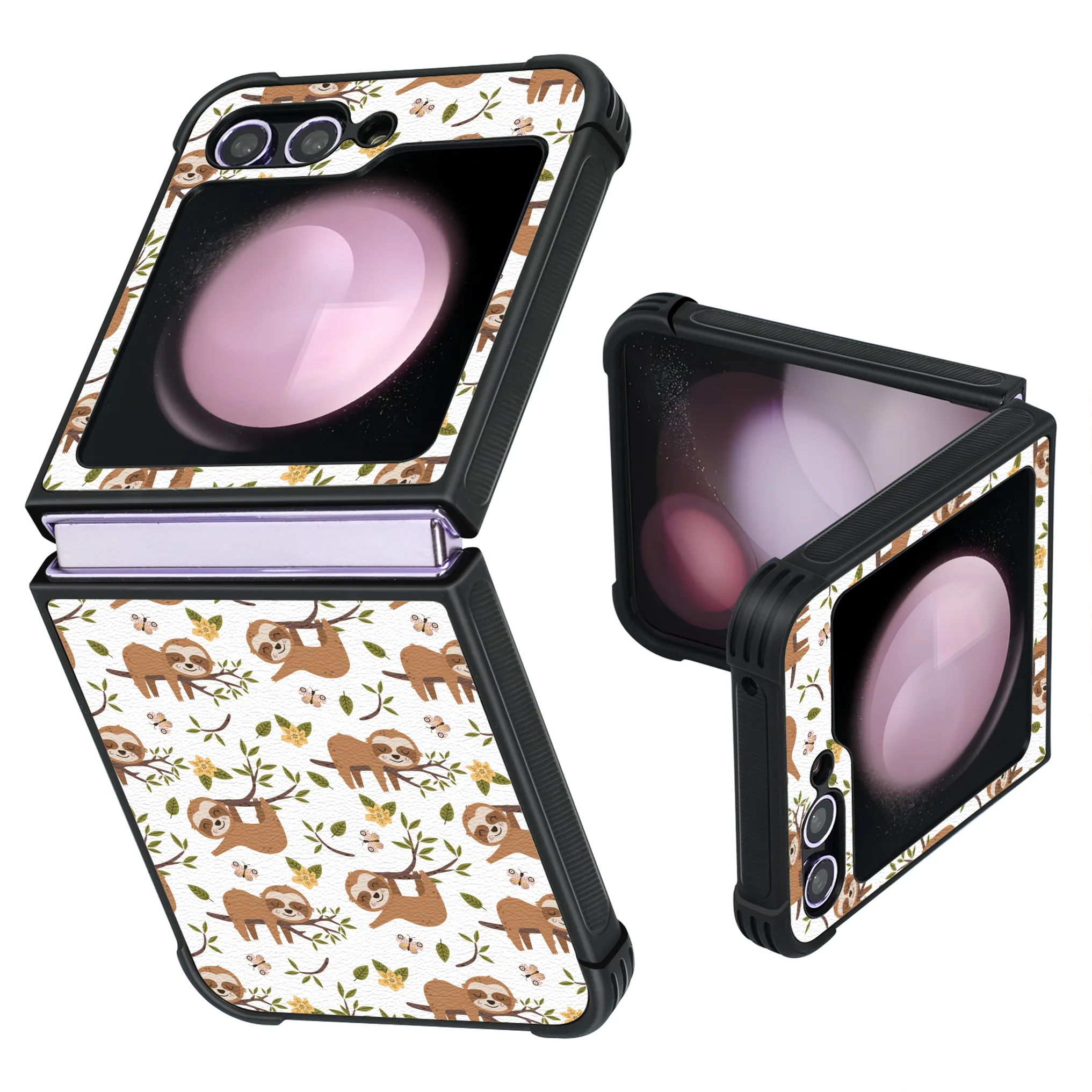 Patterned PU Leather + Soft TPU Bumper Shockproof Protective Case Cover Compatible With Galaxy Z Flip5 5G , Sloth