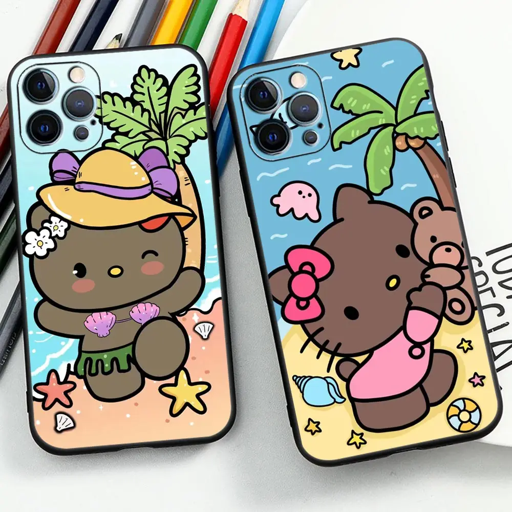 Beach Black Hello Kitty Phone Funda Coque Case For iphone Apple 14 13 12 11 Pro XS Max Mini X XR SE 8 7 6S 6 Plus Case Shell