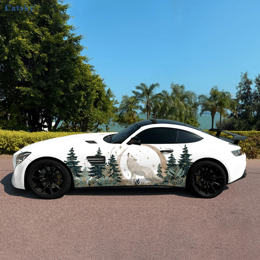 

White Wolf Roar Moon Car Vinyl Wraps Decal Self-adhesive PVC Sticker Suitable for Trucks SUV Decoration Auto Accessories Gift
