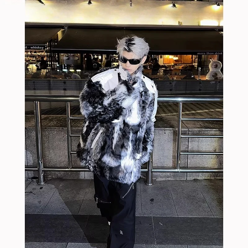 Men's 2025 Winter New Ink Wash Gradient Design Splicing Faux Fur Plush Fashion Jackets Men's Short Trendy Faux Fur Parkas Jacket
