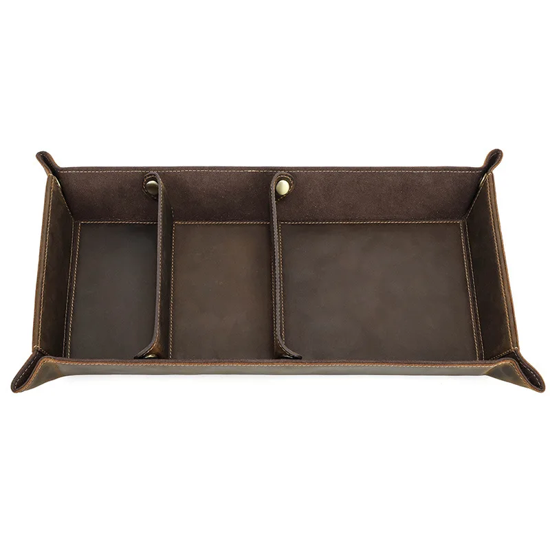Coffee Color Crazy Horse Leather Tray Handmade Rectangular Layered Office Desk Stand Miscellaneous Storage Box