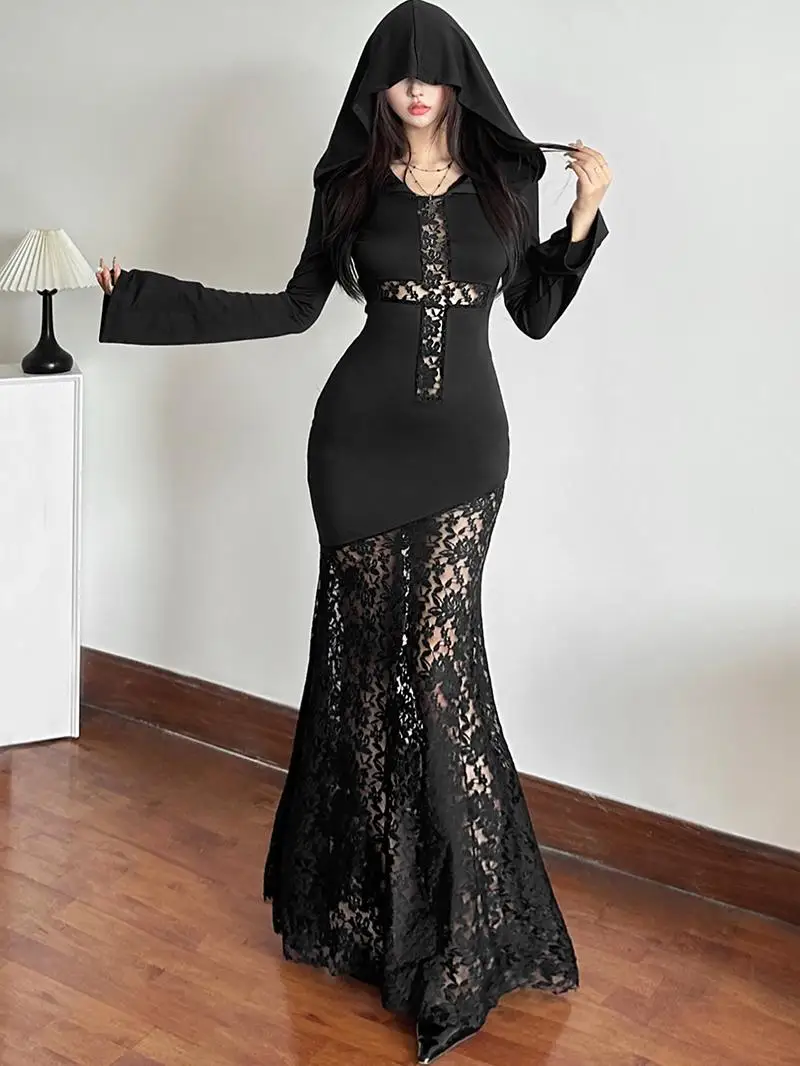 

Weird Puss Halloween Black Lace Splicing Long Dress Women Sexy Northwest Travel High Waist Long Skirt Polyester Long Sleeve D...