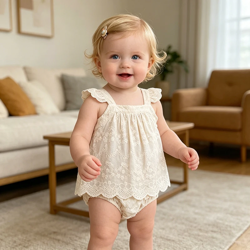 2026 Sommer-Träger-Set für Kinder 0-24M: Besticktes Gitter-Träger-Top + Shorts, Zweiteiliges Süßes Baby-Mädchen-Kleidungsset, Babykleidung
